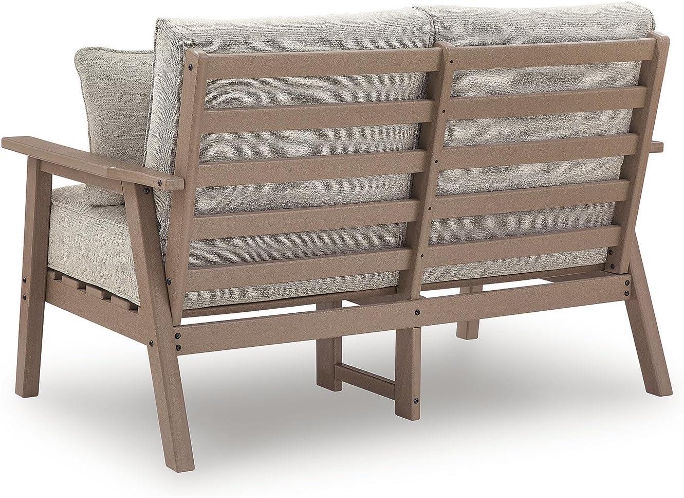 imageSignature Design by Ashley Cliffs Beach MidCentury Modern Outdoor Weather Resistant Loveseat with Removable Cushion and 2 Accent Pillows Beige amp Light Brown