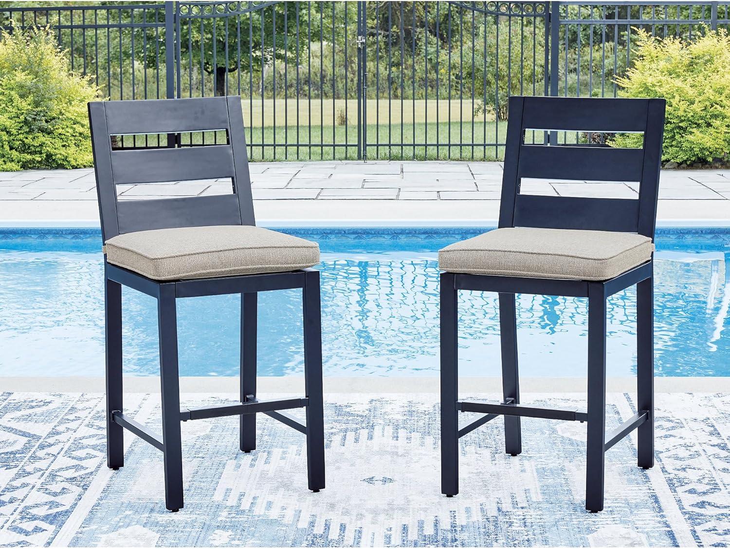 imageSignature Design by Ashley Mabry Shores Contemporary Weather and UV Resistant Outdoor 29 Bar Height Bar Stool with Cushion Set of 2 Dark Blue amp Beige