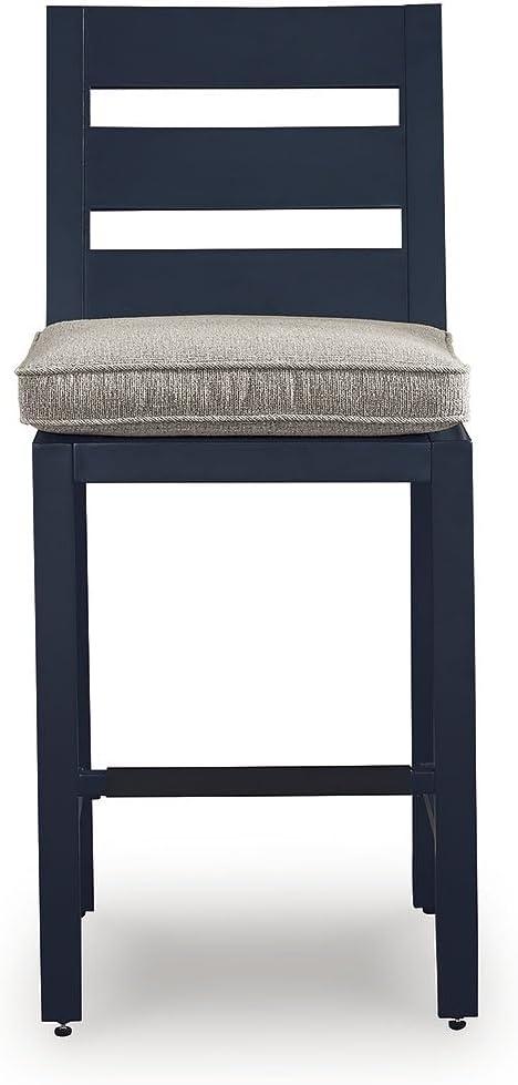 imageSignature Design by Ashley Mabry Shores Contemporary Weather and UV Resistant Outdoor 29 Bar Height Bar Stool with Cushion Set of 2 Dark Blue amp Beige