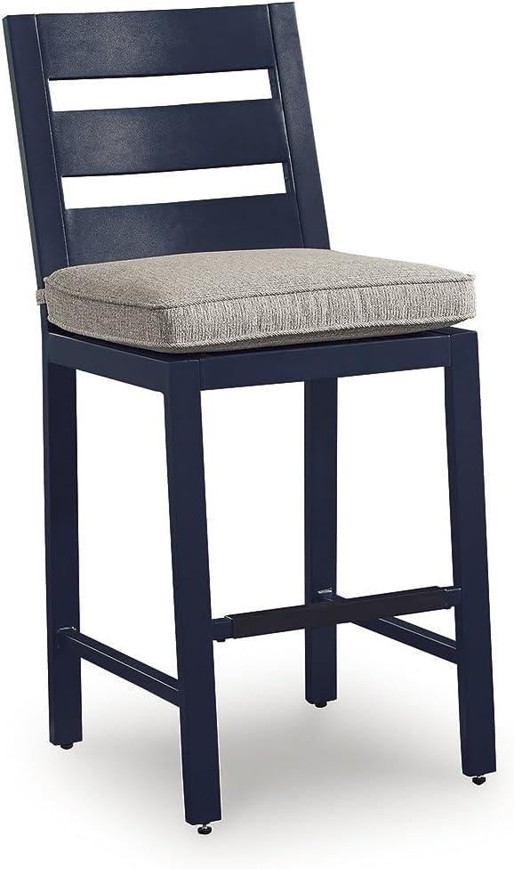 imageSignature Design by Ashley Mabry Shores Contemporary Weather and UV Resistant Outdoor 29 Bar Height Bar Stool with Cushion Set of 2 Dark Blue amp Beige
