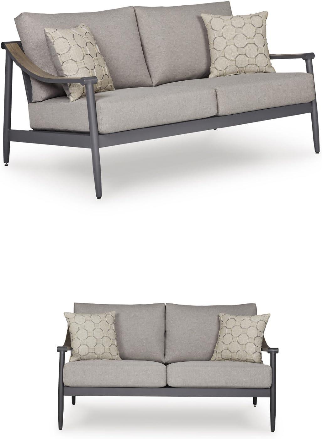 imageSignature Design by Ashley North Island Contemporary Outdoor Weather Resistant Loveseat with Removable Cushion and 2 Accent Pillows Light Gray amp Gray