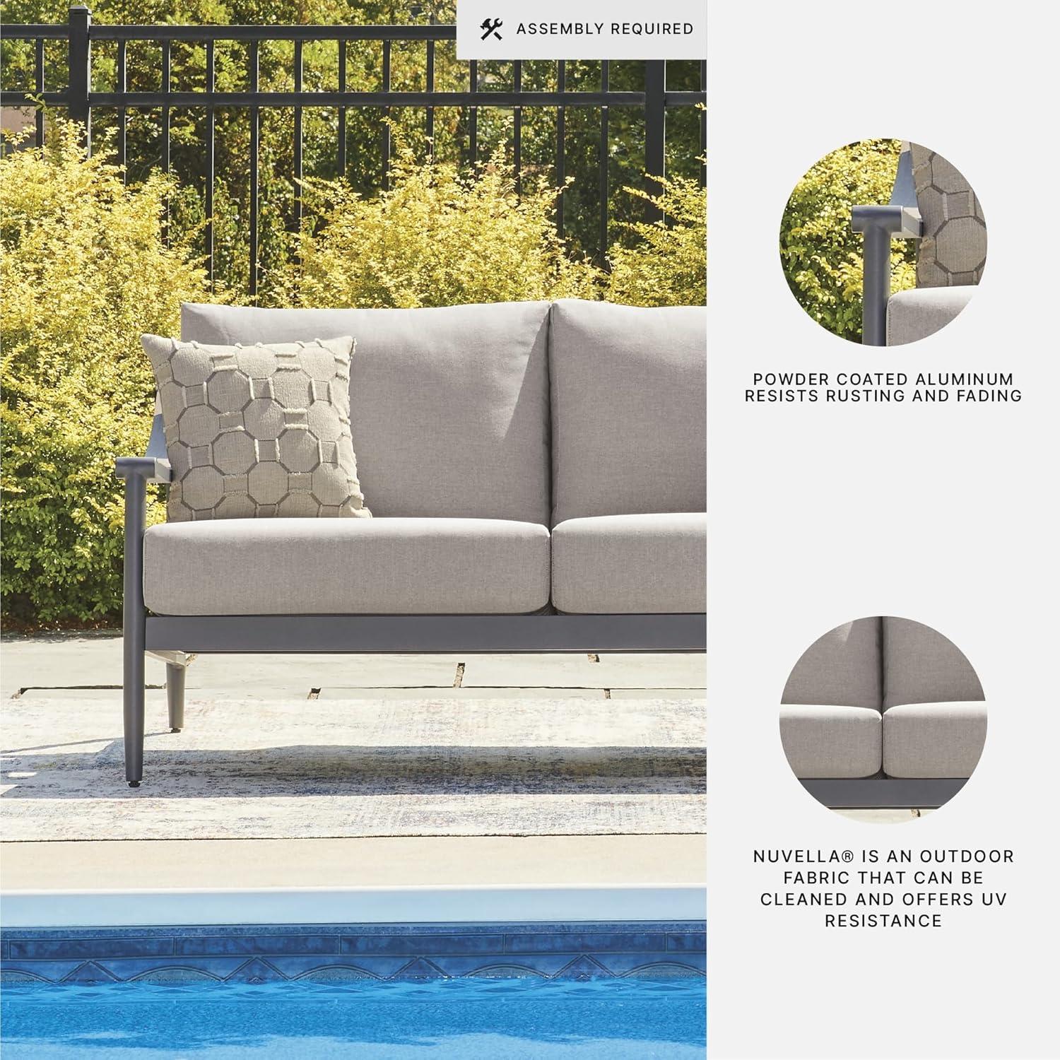 imageSignature Design by Ashley North Island Contemporary Outdoor Weather Resistant Loveseat with Removable Cushion and 2 Accent Pillows Light Gray amp Gray