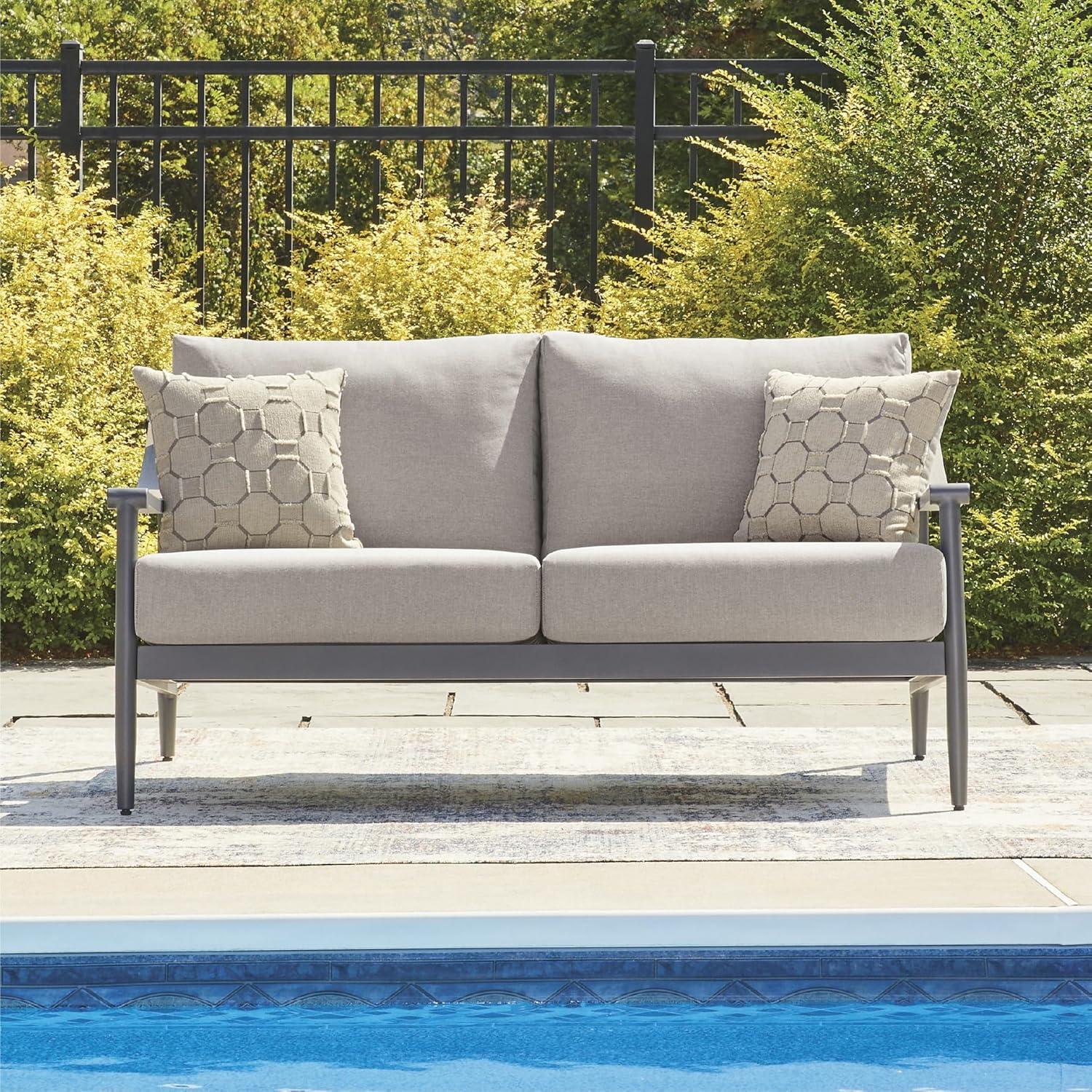 imageSignature Design by Ashley North Island Contemporary Outdoor Weather Resistant Loveseat with Removable Cushion and 2 Accent Pillows Light Gray amp Gray
