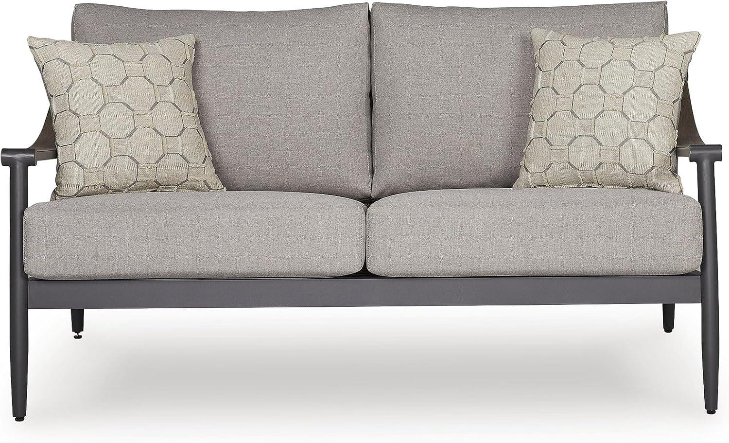 imageSignature Design by Ashley North Island Contemporary Outdoor Weather Resistant Loveseat with Removable Cushion and 2 Accent Pillows Light Gray amp Gray
