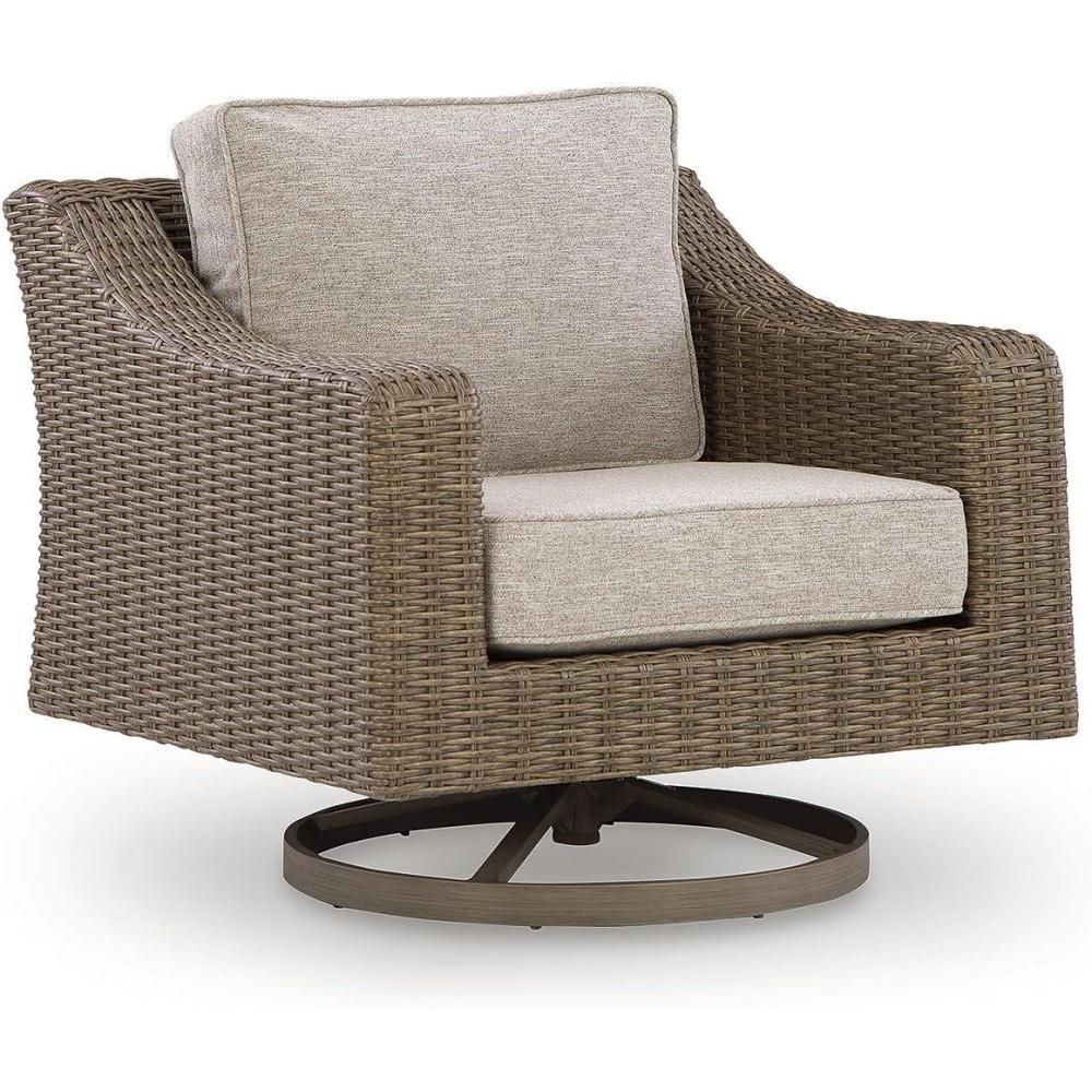 imageSignature Design by Ashley Carmel Bay Casual Weather and UV Resistant Outdoor Swivel Lounge with Cushion Light Brown amp Beige