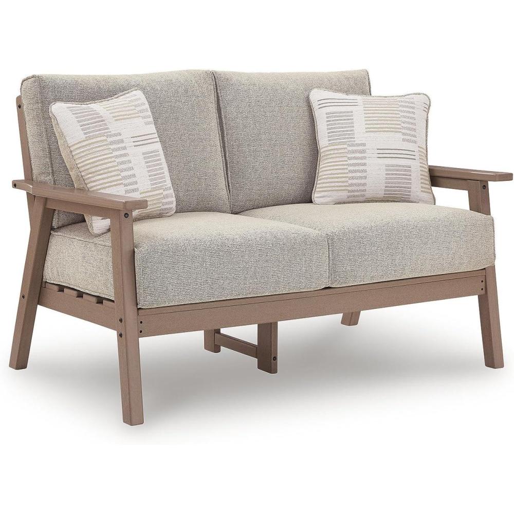 imageSignature Design by Ashley Cliffs Beach MidCentury Modern Outdoor Weather Resistant Loveseat with Removable Cushion and 2 Accent Pillows Beige amp Light Brown