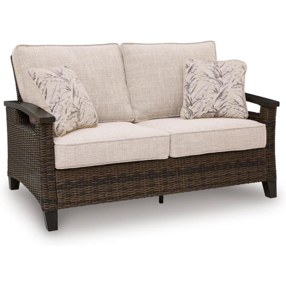 imageSignature Design by Ashley Drakes Beach Tropical Outdoor Weather Resistant Loveseat with Removable Cushion and 2 Accent Pillows Beige amp Dark Brown