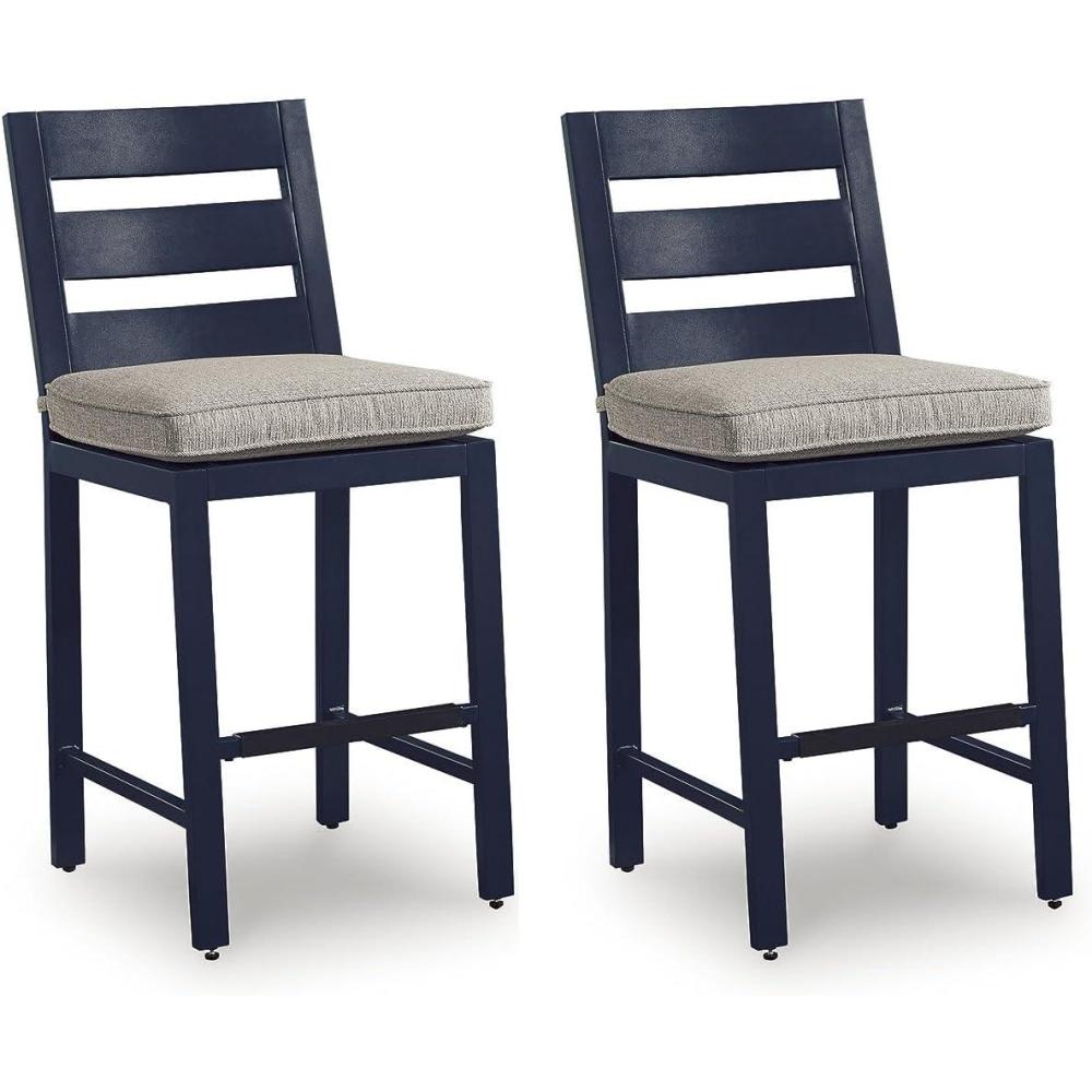 imageSignature Design by Ashley Mabry Shores Contemporary Weather and UV Resistant Outdoor 29 Bar Height Bar Stool with Cushion Set of 2 Dark Blue amp Beige