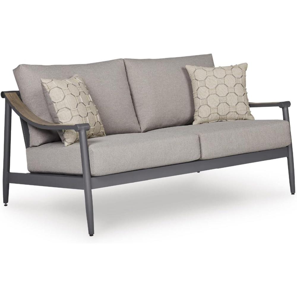 imageSignature Design by Ashley North Island Contemporary Outdoor Weather Resistant Loveseat with Removable Cushion and 2 Accent Pillows Light Gray amp Gray