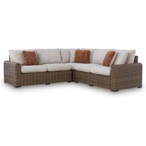 Signature Design by Ashley Angel Island Symmetrical Contemporary 3-Piece Outdoor Sectional with Cushion and 6 Throw Pillows, Beige(3-Piece Outdoor Sectional)