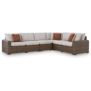 Signature Design by Ashley Angel Island Symmetrical Contemporary 3-Piece Outdoor Sectional with Cushion and 6 Throw Pillows, Beige(4-Piece Outdoor Sectional)
