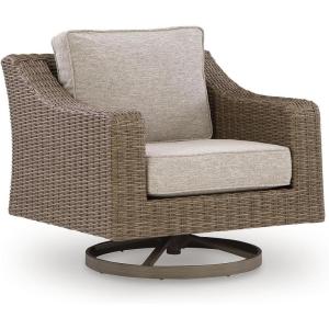 Signature Design by Ashley Carmel Bay Casual Weather and UV Resistant Outdoor Swivel Lounge with Cushion, Light Brown & Beige