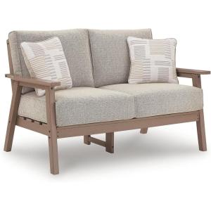 Signature Design by Ashley Cliffs Beach Mid-Century Modern Outdoor Weather Resistant Loveseat with Removable Cushion and 2 Accent Pillows, Beige & Light Brown
