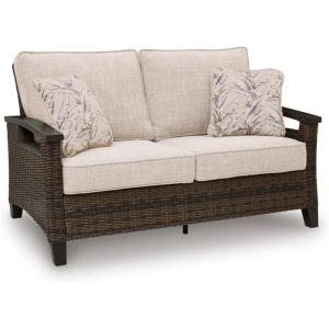 Signature Design by Ashley Drakes Beach Tropical Outdoor Weather Resistant Loveseat with Removable Cushion and 2 Accent Pillows, Beige & Dark Brown