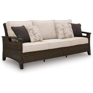 Signature Design by Ashley Drakes Beach Tropical Outdoor Weather Resistant Sofa with Removable Cushion and 4 Accent Pillows, Beige & Dark Brown