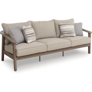 Signature Design by Ashley Francis Beach Contemporary Weather and UV Resistant Outdoor Sofa with Cushion and 4 Throw Pillows, Light Brown & Gray