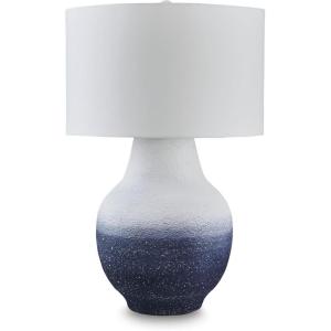 Signature Design by Ashley Jyllyard Contemporary Polyresin and Metal Table Lamp with 3-Way Switch, Light Brown & Metallic(White/Navy)