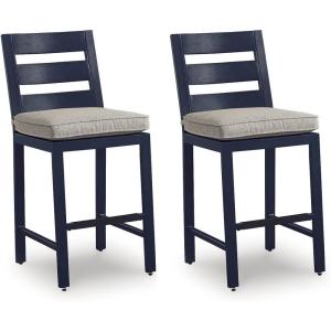 Signature Design by Ashley Mabry Shores Contemporary Weather and UV Resistant Outdoor 29″ Bar Height Bar Stool with Cushion, Set of 2, Dark Blue & Beige
