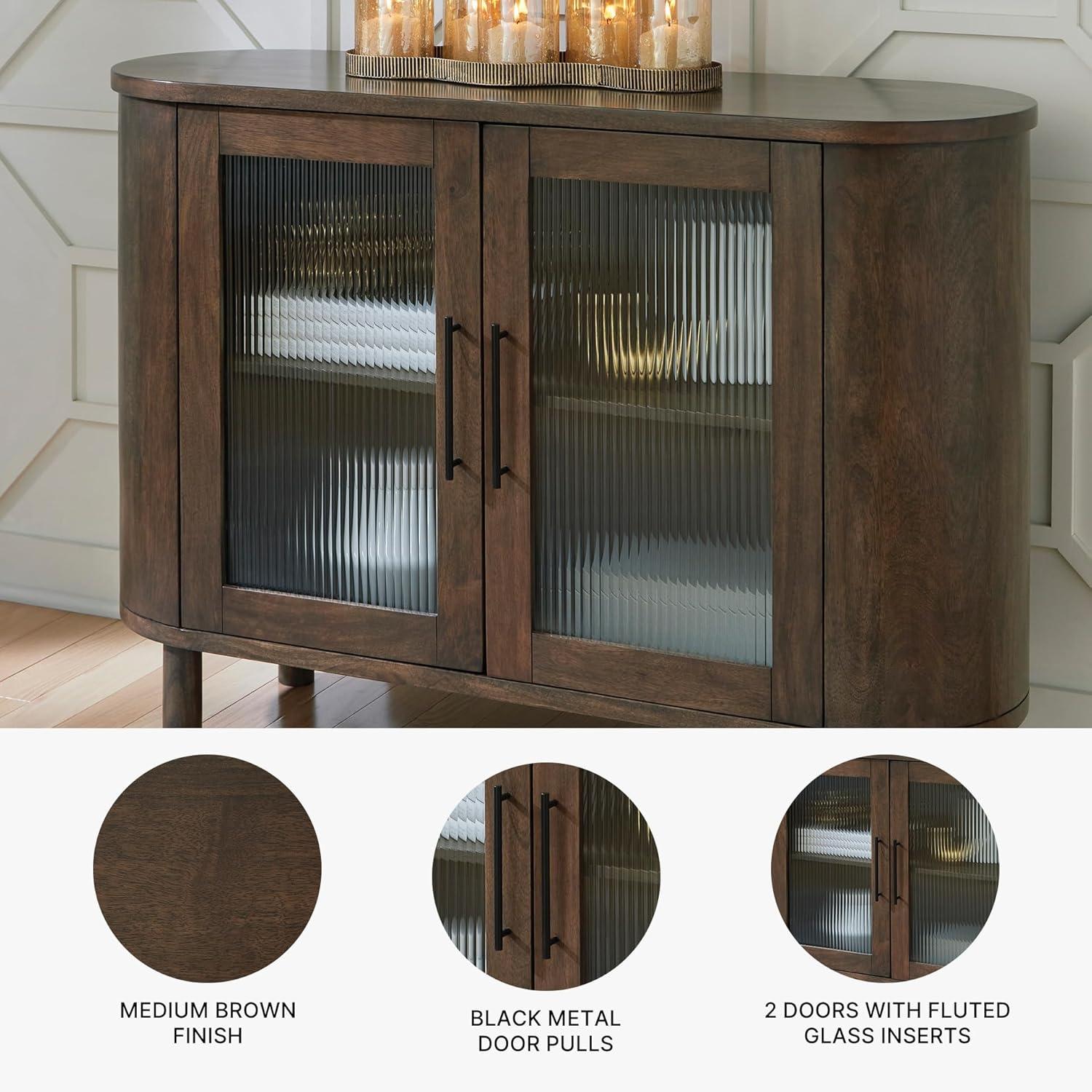imageSignature Design by Ashley Mayridge Casual Accent Cabinet with Shelf Fluted Glass Inserts Metal Door Pulls Mango Wood 48 W x 16 D x 34 H Brown