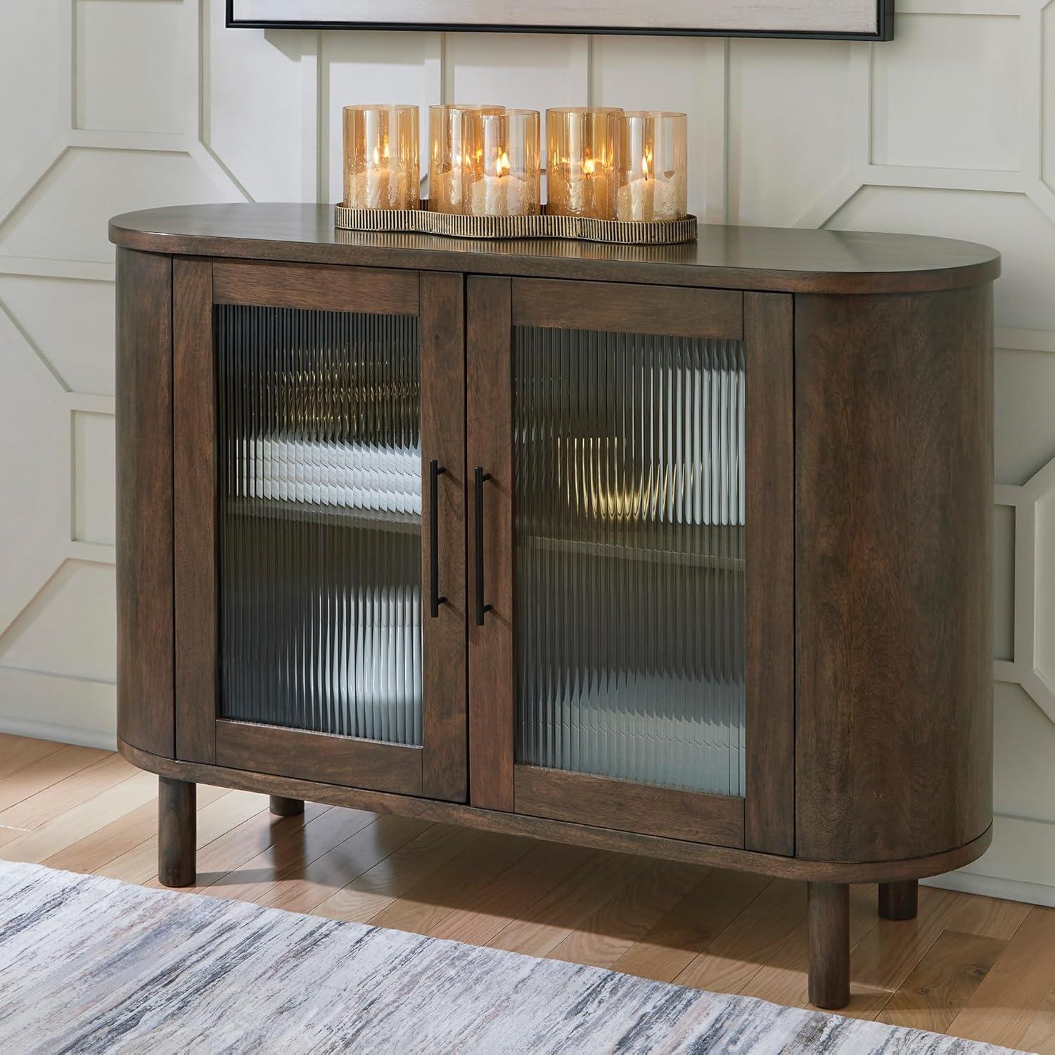 imageSignature Design by Ashley Mayridge Casual Accent Cabinet with Shelf Fluted Glass Inserts Metal Door Pulls Mango Wood 48 W x 16 D x 34 H Brown