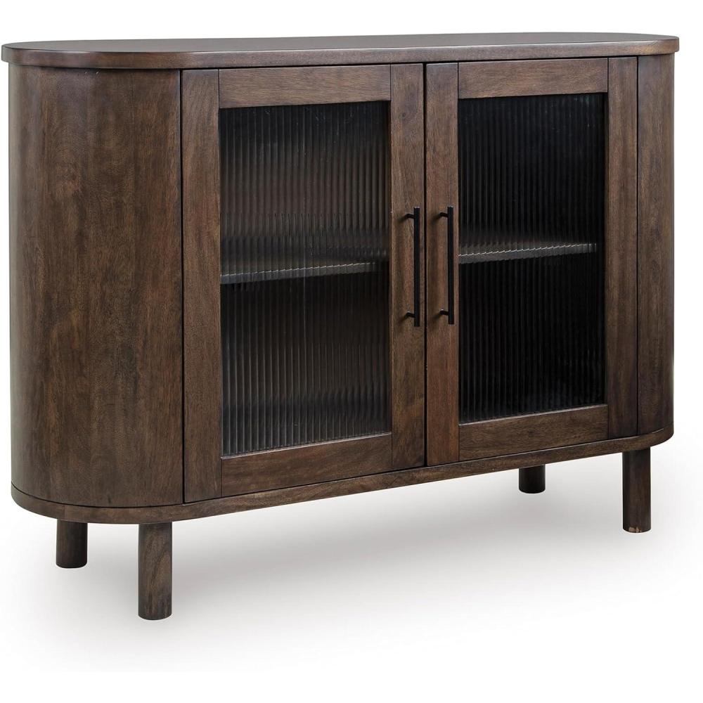 imageSignature Design by Ashley Mayridge Casual Accent Cabinet with Shelf Fluted Glass Inserts Metal Door Pulls Mango Wood 48 W x 16 D x 34 H Brown