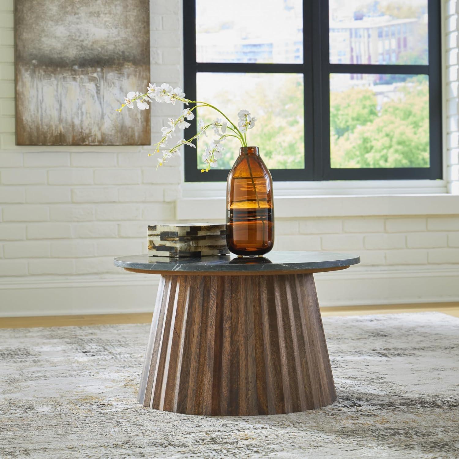 imageSignature Design by Ashley Realyn Round End Table CottageStyle Side Table with Antiqued TwoTone Finish Wood amp Veneer Construction for Living Room or Bedroom WhiteBrownBlack Dark Brown