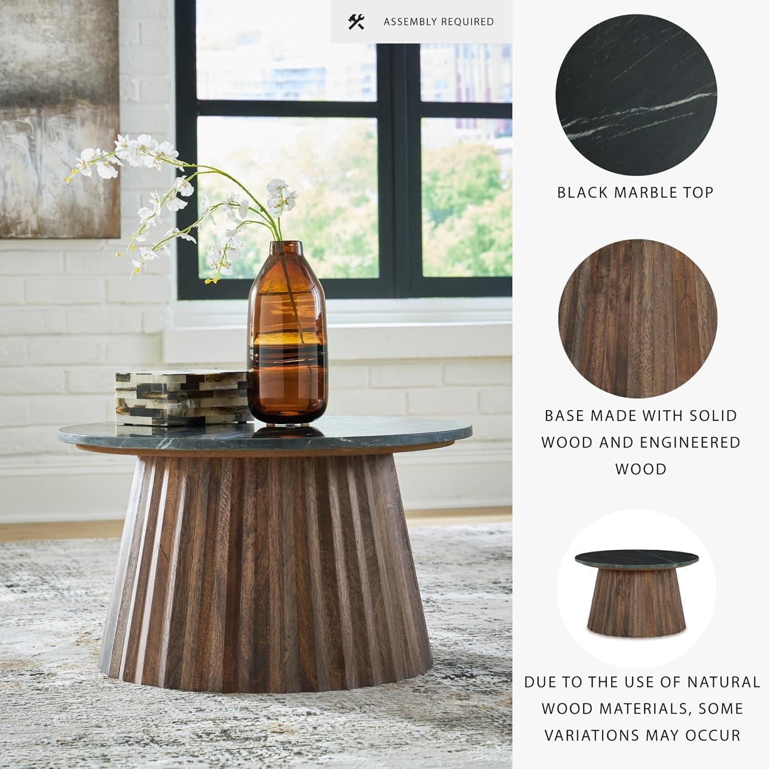 imageSignature Design by Ashley Realyn Round End Table CottageStyle Side Table with Antiqued TwoTone Finish Wood amp Veneer Construction for Living Room or Bedroom WhiteBrownBlack Dark Brown