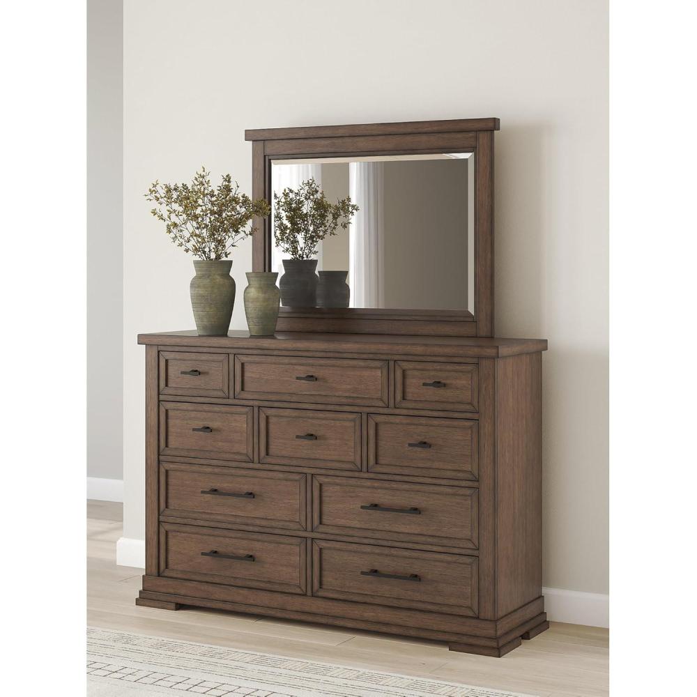imageSignature Design by Ashley Taffenbrook Casual 10Drawer Dresser and Mirror with FeltLined Top Drawers and Safety Stop Dark Brown