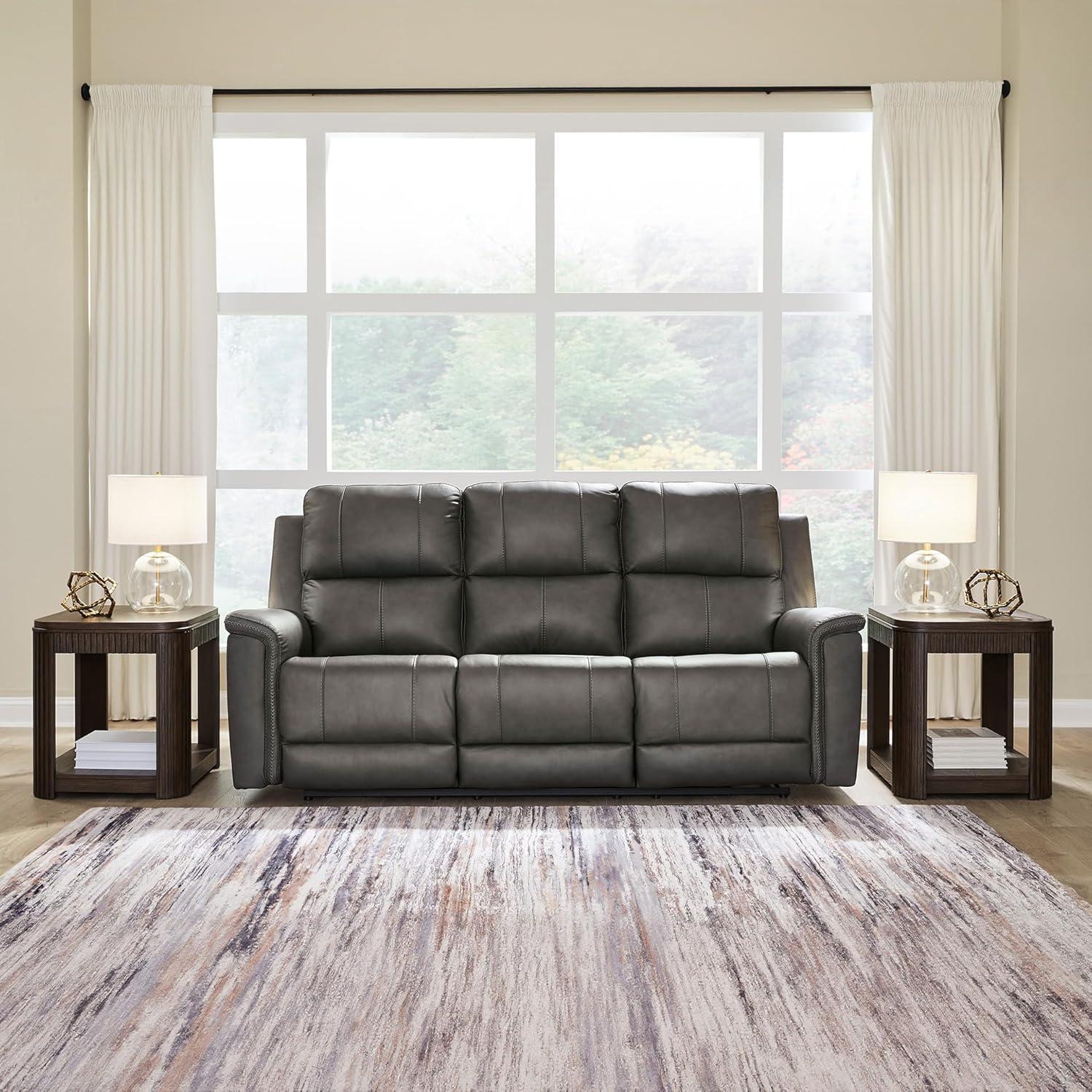 imageSignature Design by Ashley Burnley Contemporary Leather Match Power Reclining Sofa with Adjustable Headrest and USB Charging Port Gray