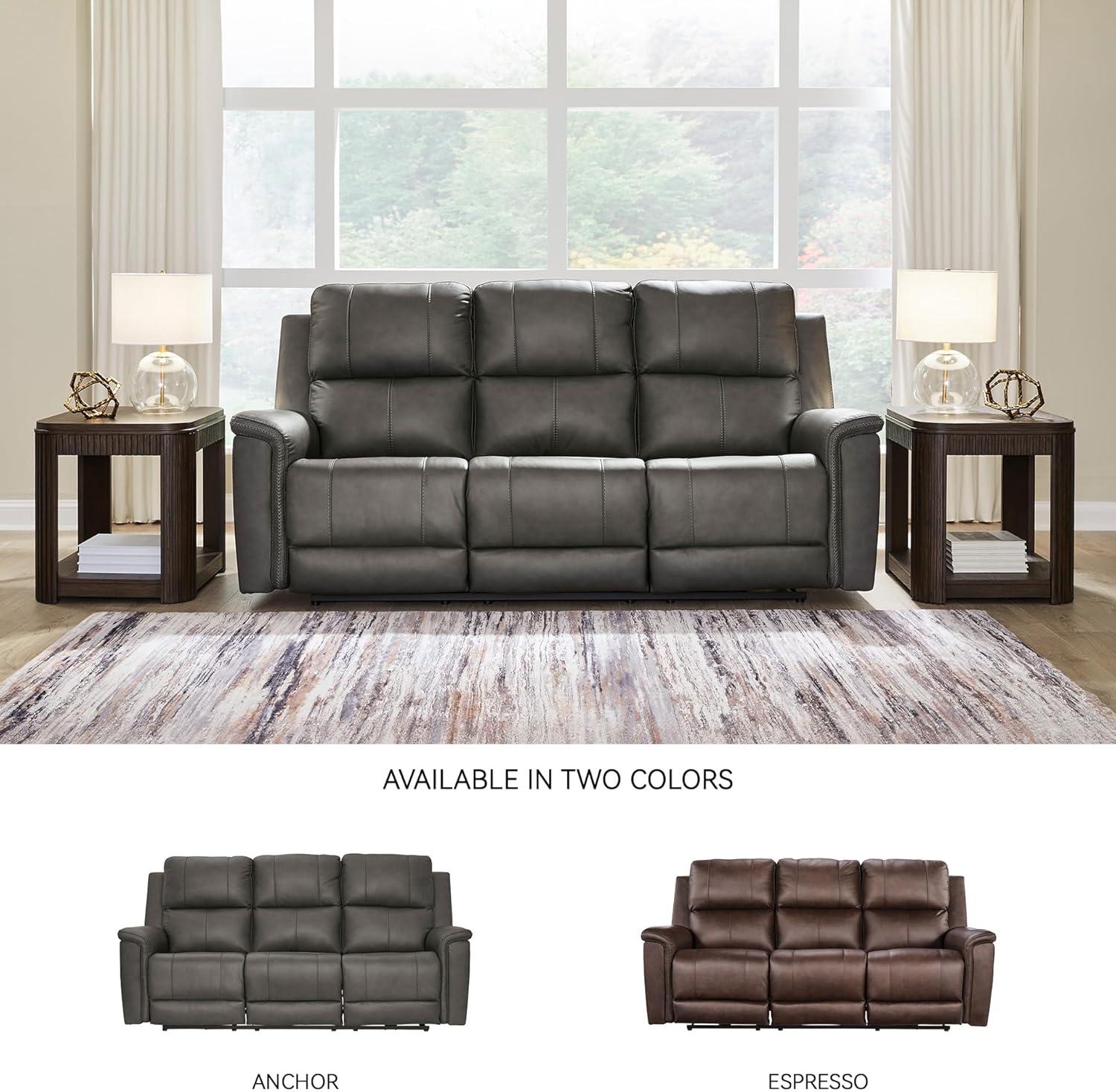 imageSignature Design by Ashley Burnley Contemporary Leather Match Power Reclining Sofa with Adjustable Headrest and USB Charging Port Gray