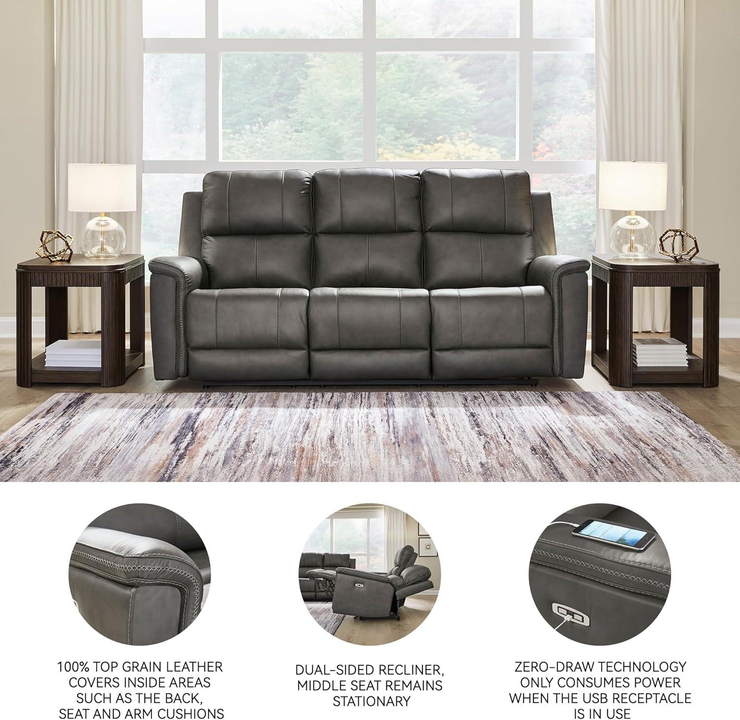 imageSignature Design by Ashley Burnley Contemporary Leather Match Power Reclining Sofa with Adjustable Headrest and USB Charging Port Gray