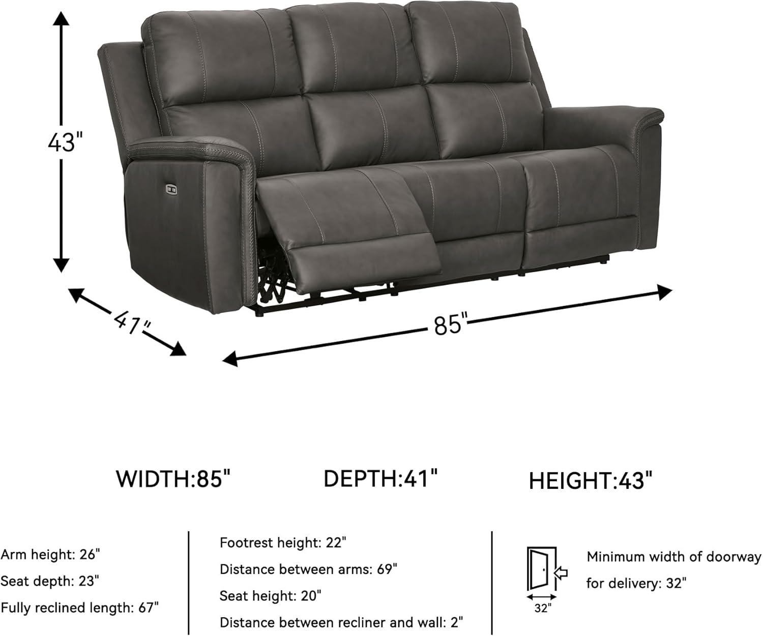 imageSignature Design by Ashley Burnley Contemporary Leather Match Power Reclining Sofa with Adjustable Headrest and USB Charging Port Gray