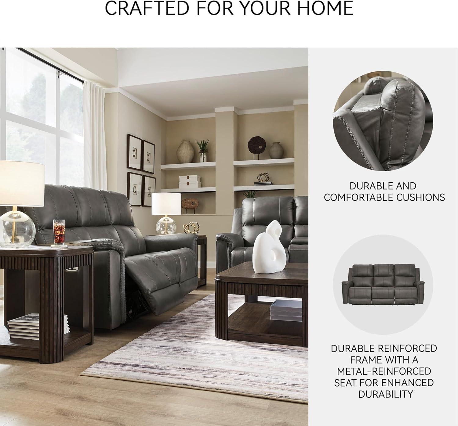 imageSignature Design by Ashley Burnley Contemporary Leather Match Power Reclining Sofa with Adjustable Headrest and USB Charging Port Gray