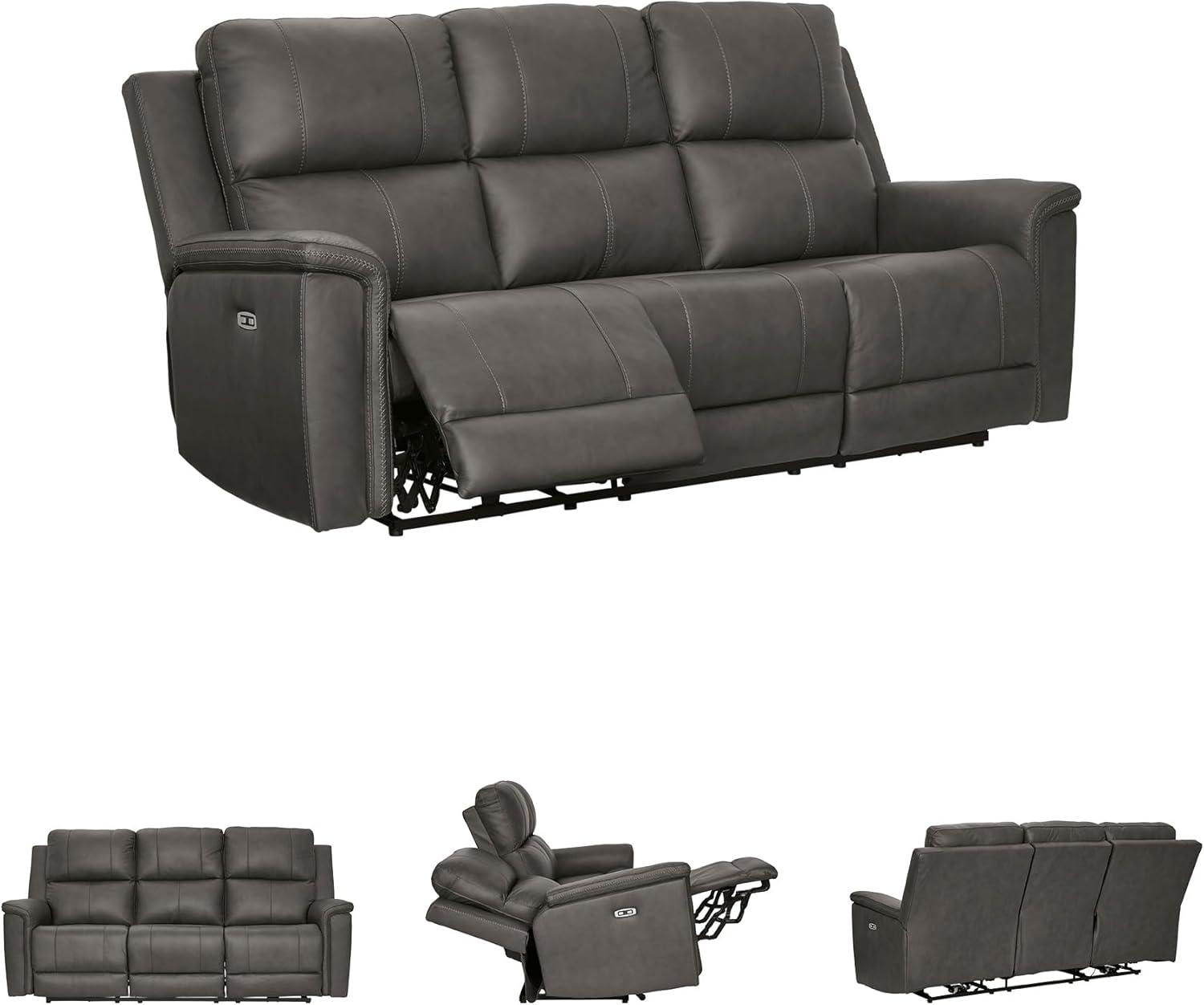 imageSignature Design by Ashley Burnley Contemporary Leather Match Power Reclining Sofa with Adjustable Headrest and USB Charging Port Gray