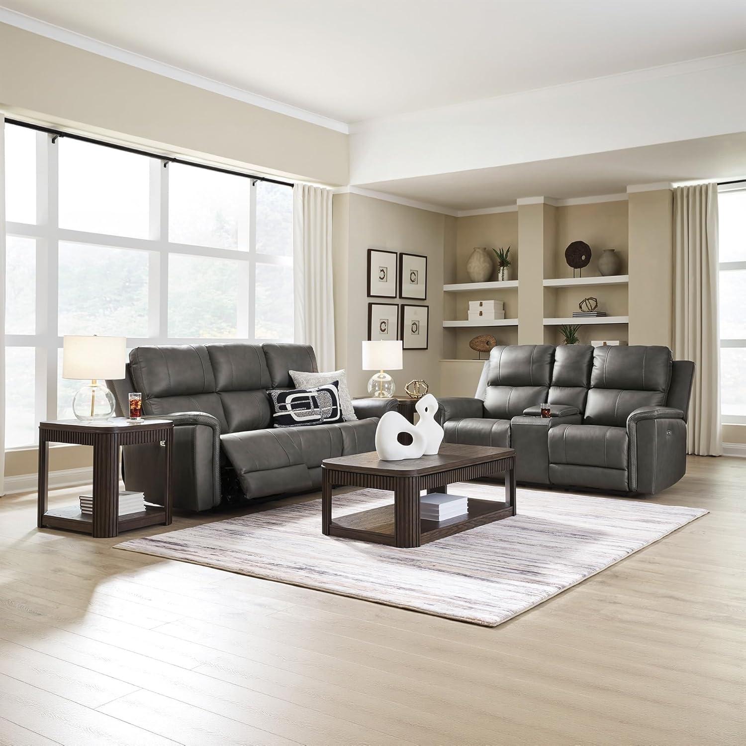 imageSignature Design by Ashley Burnley Contemporary Leather Match Power Reclining Sofa with Adjustable Headrest and USB Charging Port Gray