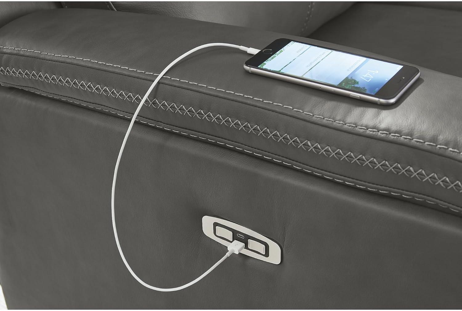 imageSignature Design by Ashley Burnley Urban Leather Match Wall Hugger Power Recliner Adjustable Headrest USB Charging Port and Storage Gray