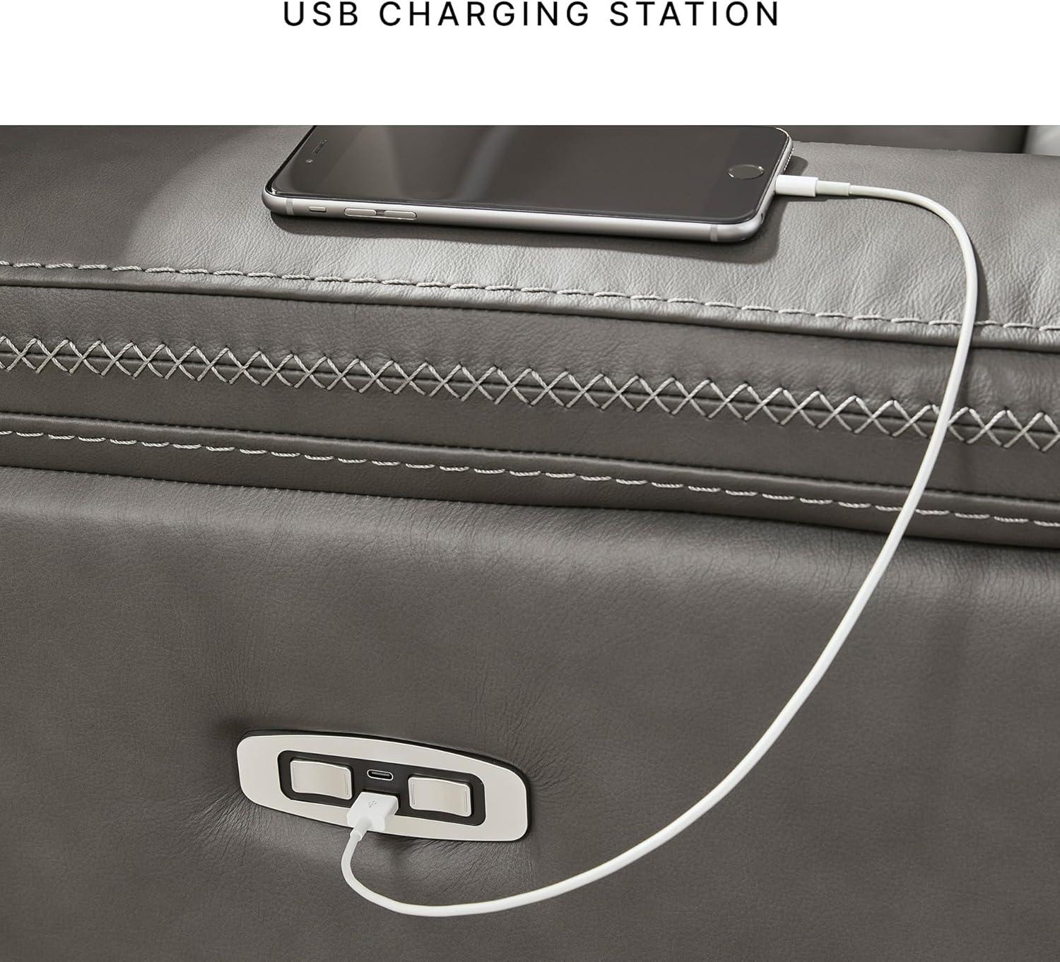 imageSignature Design by Ashley Burnley Urban Leather Match Wall Hugger Power Recliner Adjustable Headrest USB Charging Port and Storage Gray