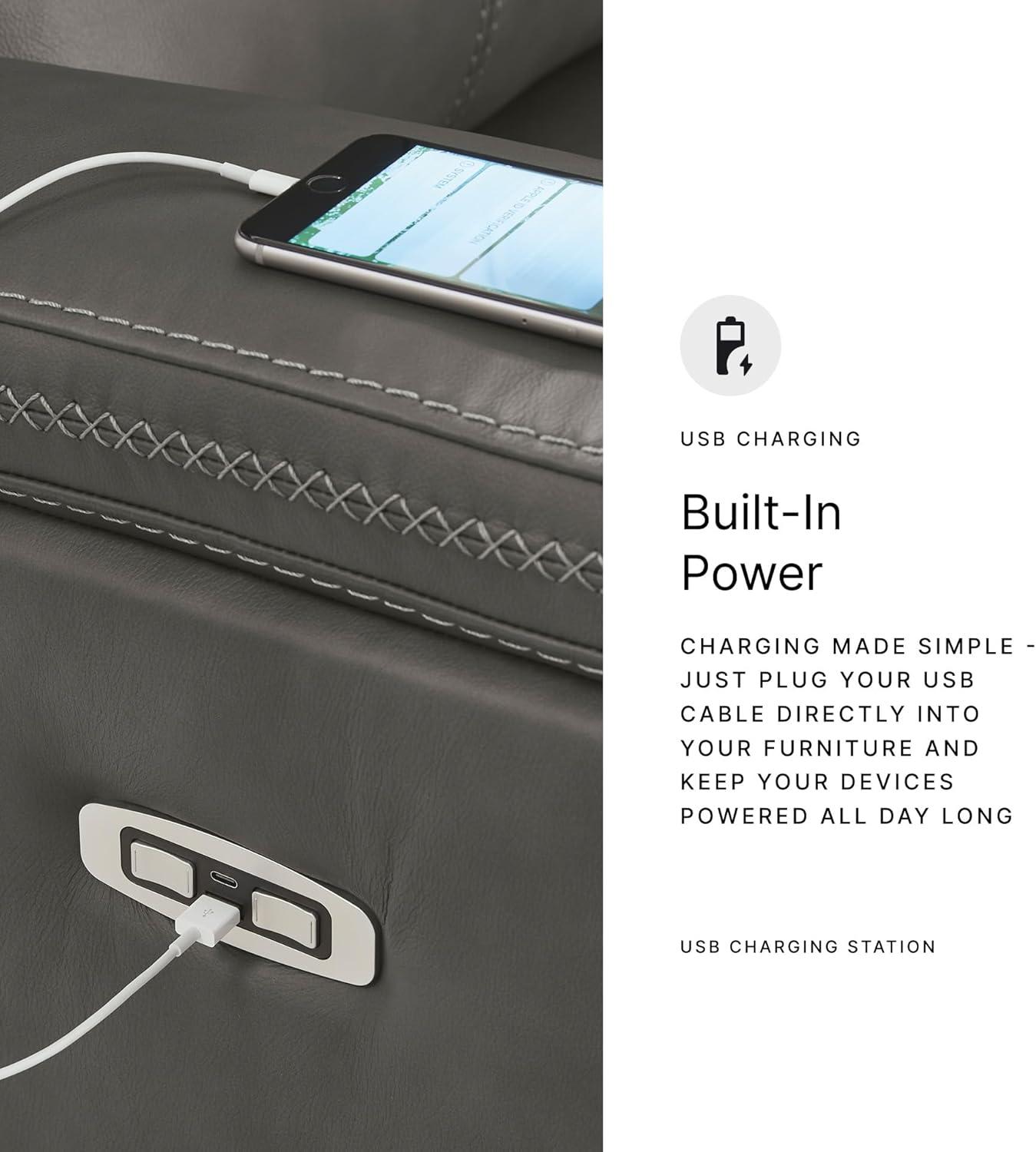 imageSignature Design by Ashley Burnley Urban Leather Match Wall Hugger Power Recliner Adjustable Headrest USB Charging Port and Storage Gray