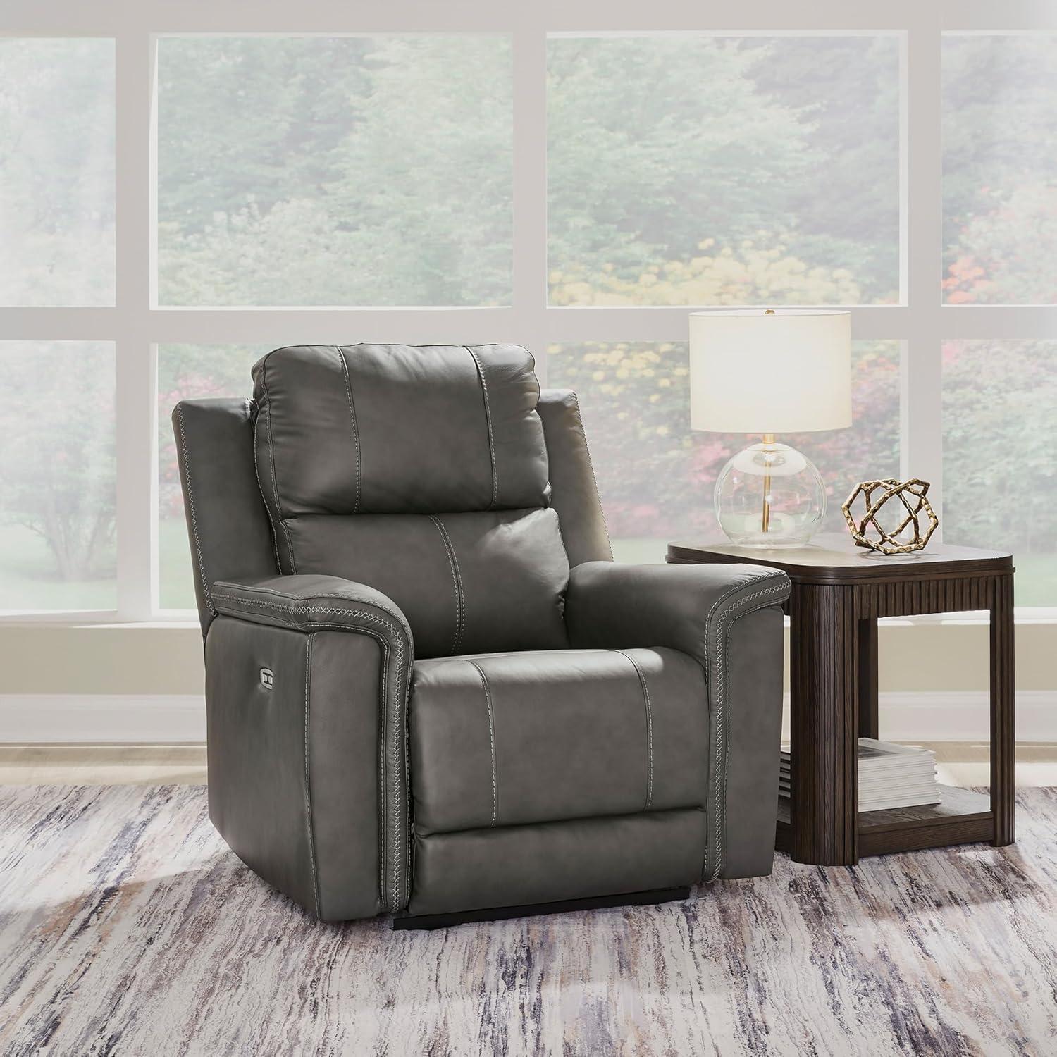 imageSignature Design by Ashley Burnley Urban Leather Match Wall Hugger Power Recliner Adjustable Headrest USB Charging Port and Storage Gray