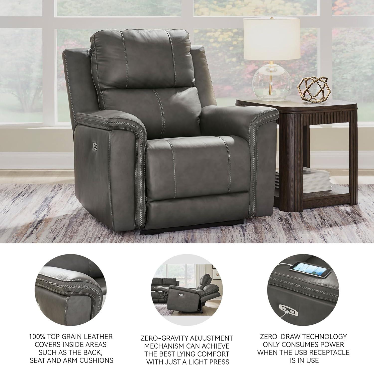 imageSignature Design by Ashley Burnley Urban Leather Match Wall Hugger Power Recliner Adjustable Headrest USB Charging Port and Storage Gray