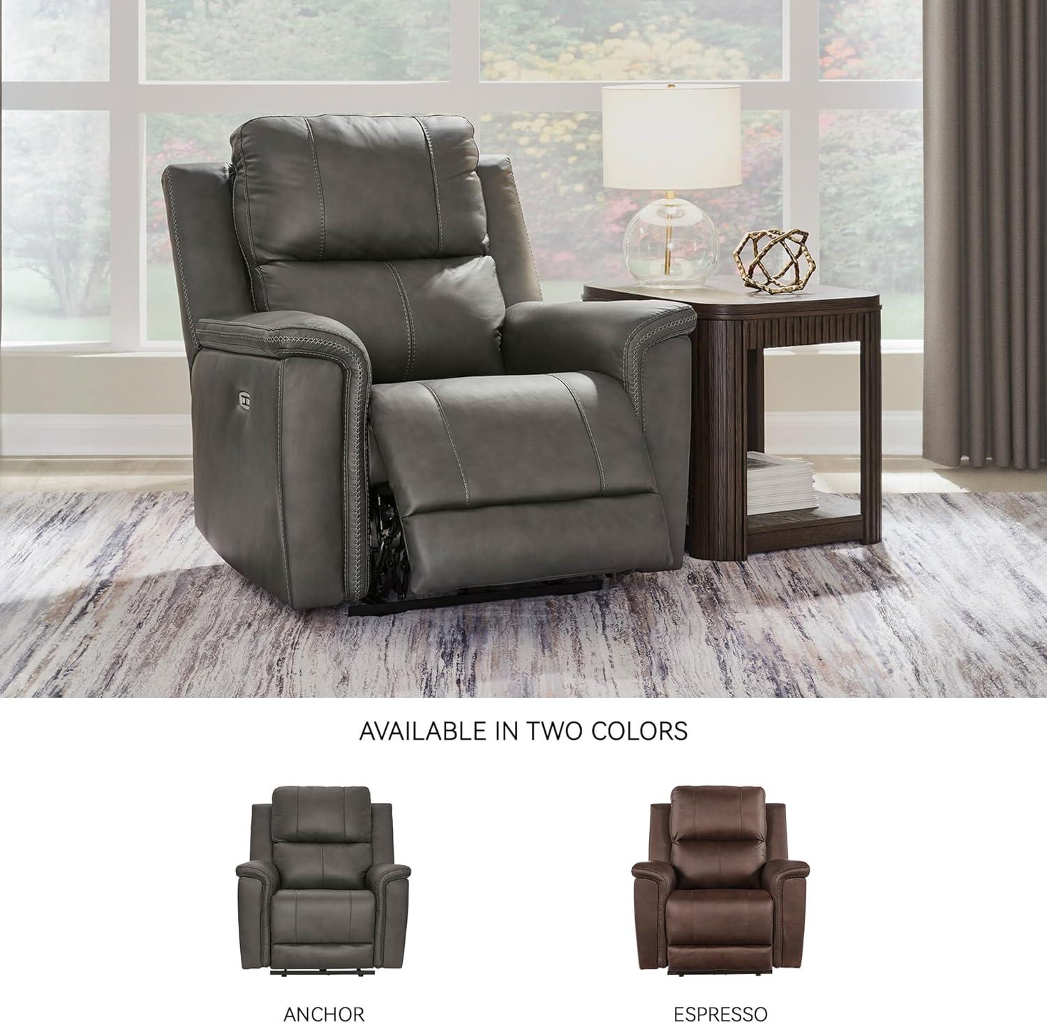 imageSignature Design by Ashley Burnley Urban Leather Match Wall Hugger Power Recliner Adjustable Headrest USB Charging Port and Storage Gray
