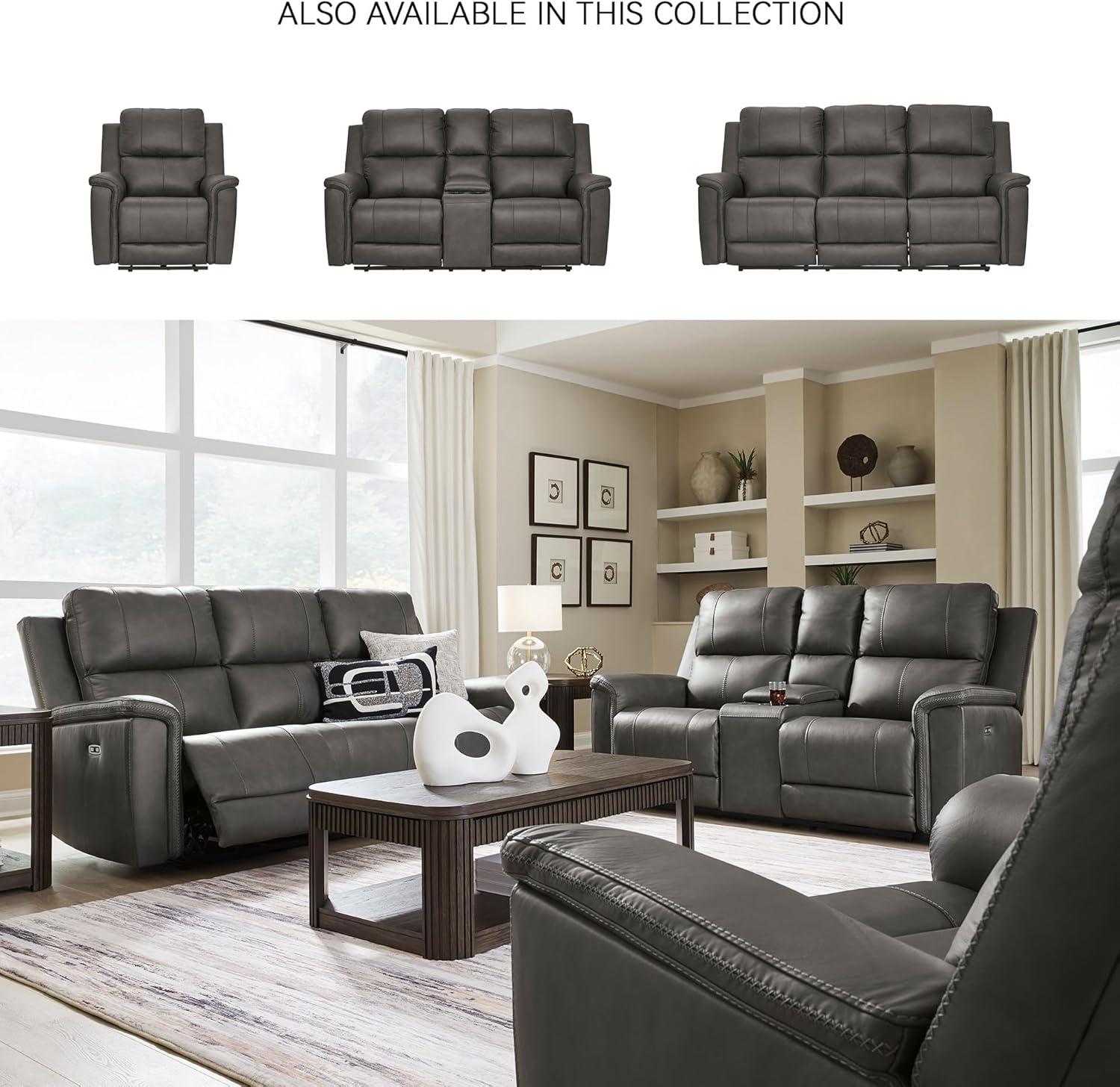 imageSignature Design by Ashley Burnley Urban Leather Match Wall Hugger Power Recliner Adjustable Headrest USB Charging Port and Storage Gray