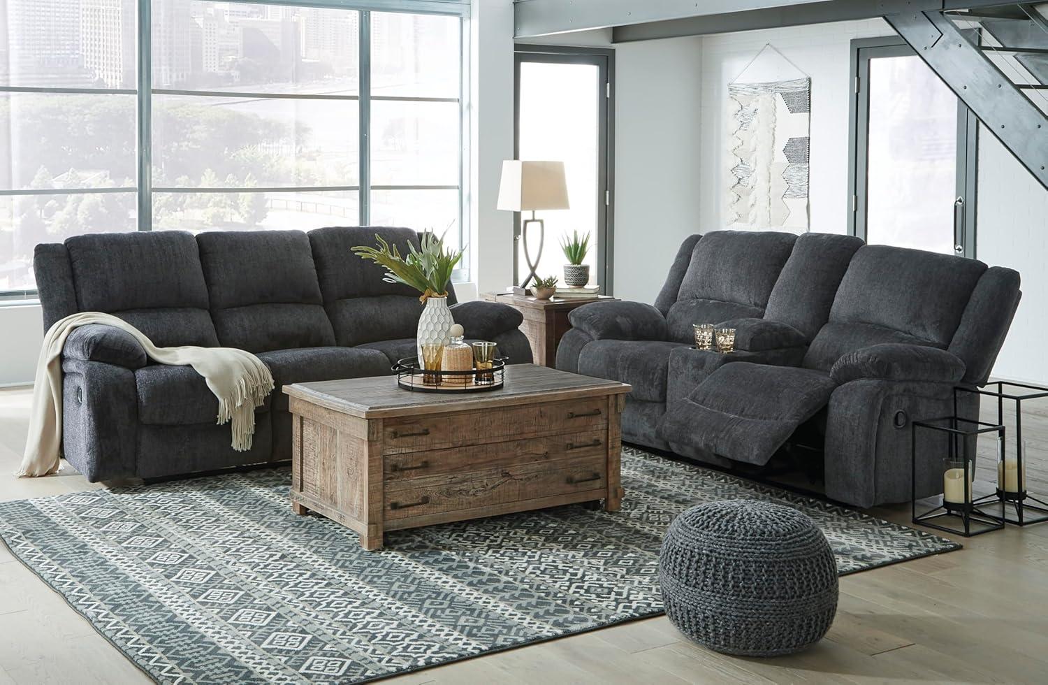 imageSignature Design by Ashley Draycoll Contemporary Reclining Loveseat with Storage Console and Cup Holders Pull Tab Reclining 21 Seat Height Dark GrayGrey