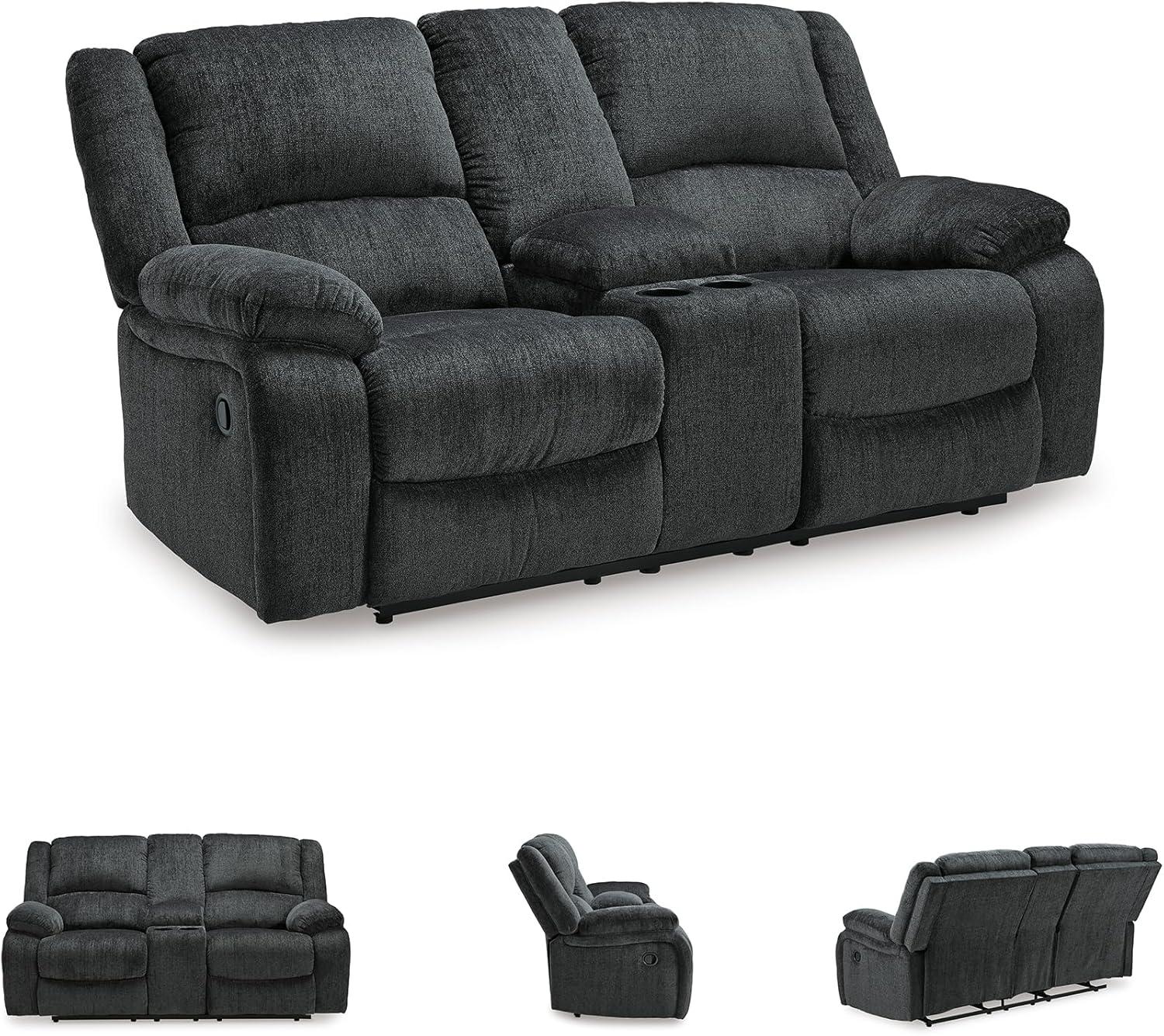 imageSignature Design by Ashley Draycoll Contemporary Reclining Loveseat with Storage Console and Cup Holders Pull Tab Reclining 21 Seat Height Dark GrayGrey