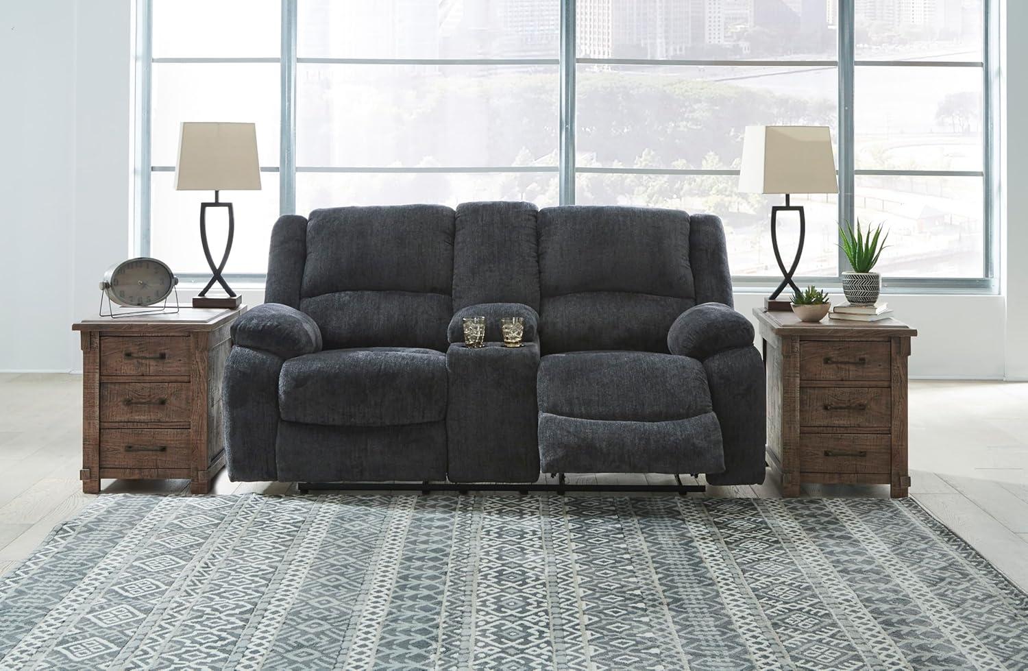 imageSignature Design by Ashley Draycoll Contemporary Reclining Loveseat with Storage Console and Cup Holders Pull Tab Reclining 21 Seat Height Dark GrayGrey