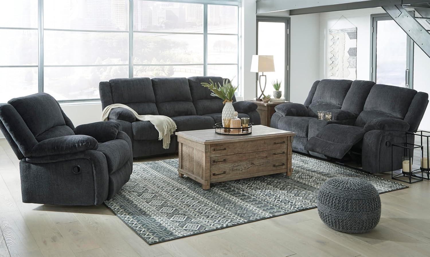 imageSignature Design by Ashley Draycoll Contemporary Reclining Loveseat with Storage Console and Cup Holders Pull Tab Reclining 21 Seat Height Dark GrayGrey