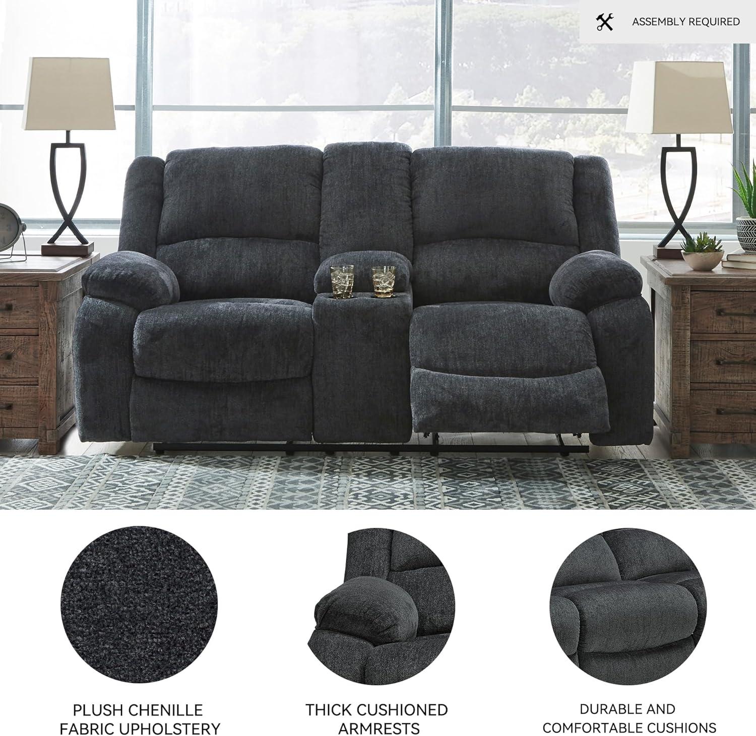 imageSignature Design by Ashley Draycoll Contemporary Reclining Loveseat with Storage Console and Cup Holders Pull Tab Reclining 21 Seat Height Dark GrayGrey