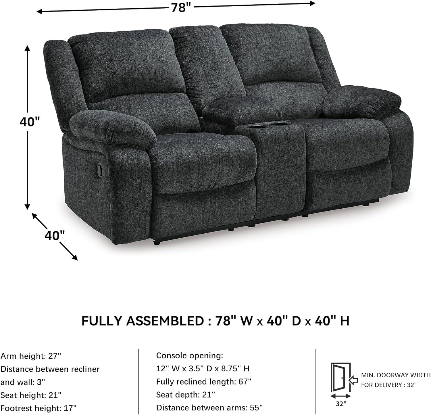imageSignature Design by Ashley Draycoll Contemporary Reclining Loveseat with Storage Console and Cup Holders Pull Tab Reclining 21 Seat Height Dark GrayGrey