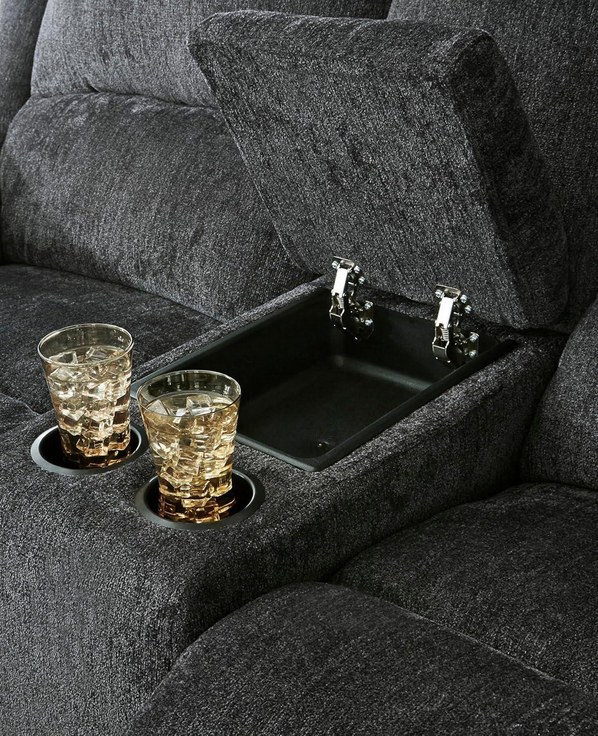 imageSignature Design by Ashley Draycoll Contemporary Reclining Loveseat with Storage Console and Cup Holders Pull Tab Reclining 21 Seat Height Dark GrayGrey