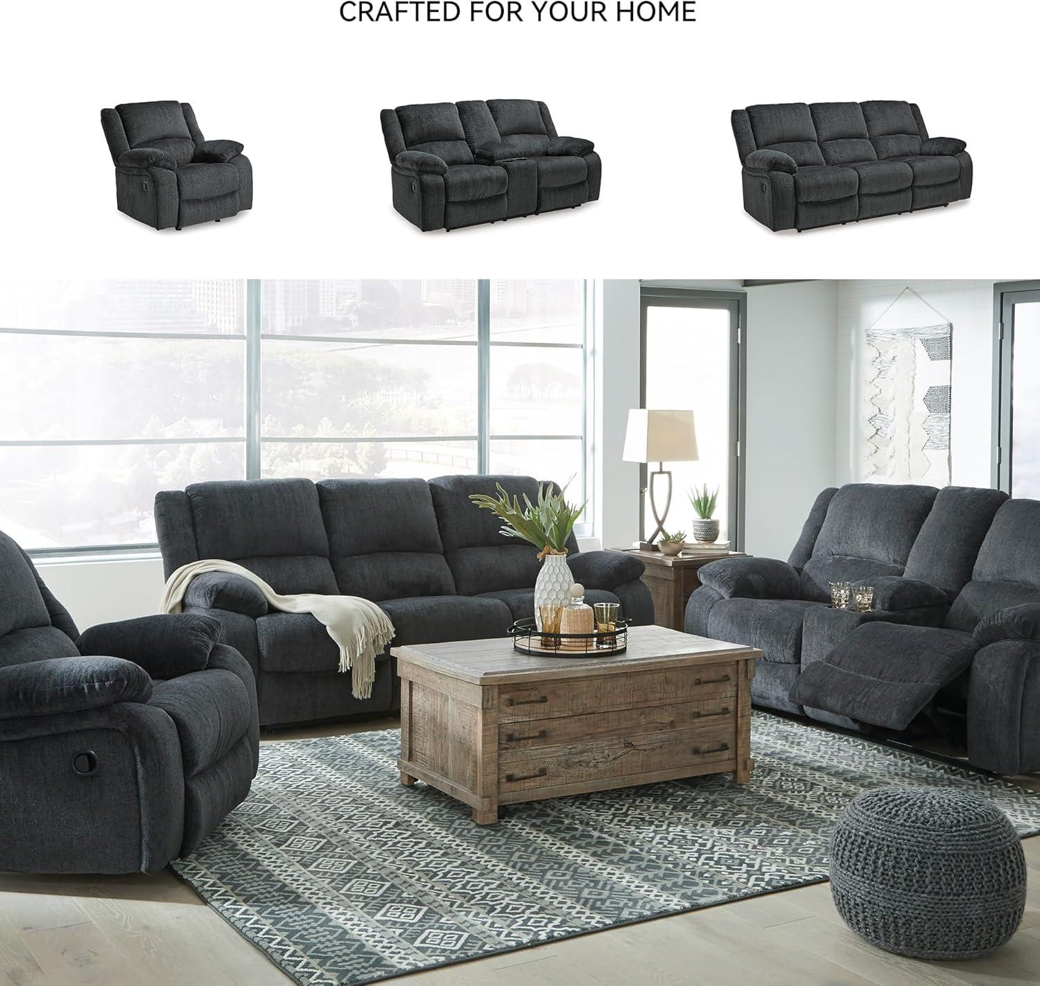 imageSignature Design by Ashley Draycoll Contemporary Reclining Loveseat with Storage Console and Cup Holders Pull Tab Reclining 21 Seat Height Dark GrayGrey